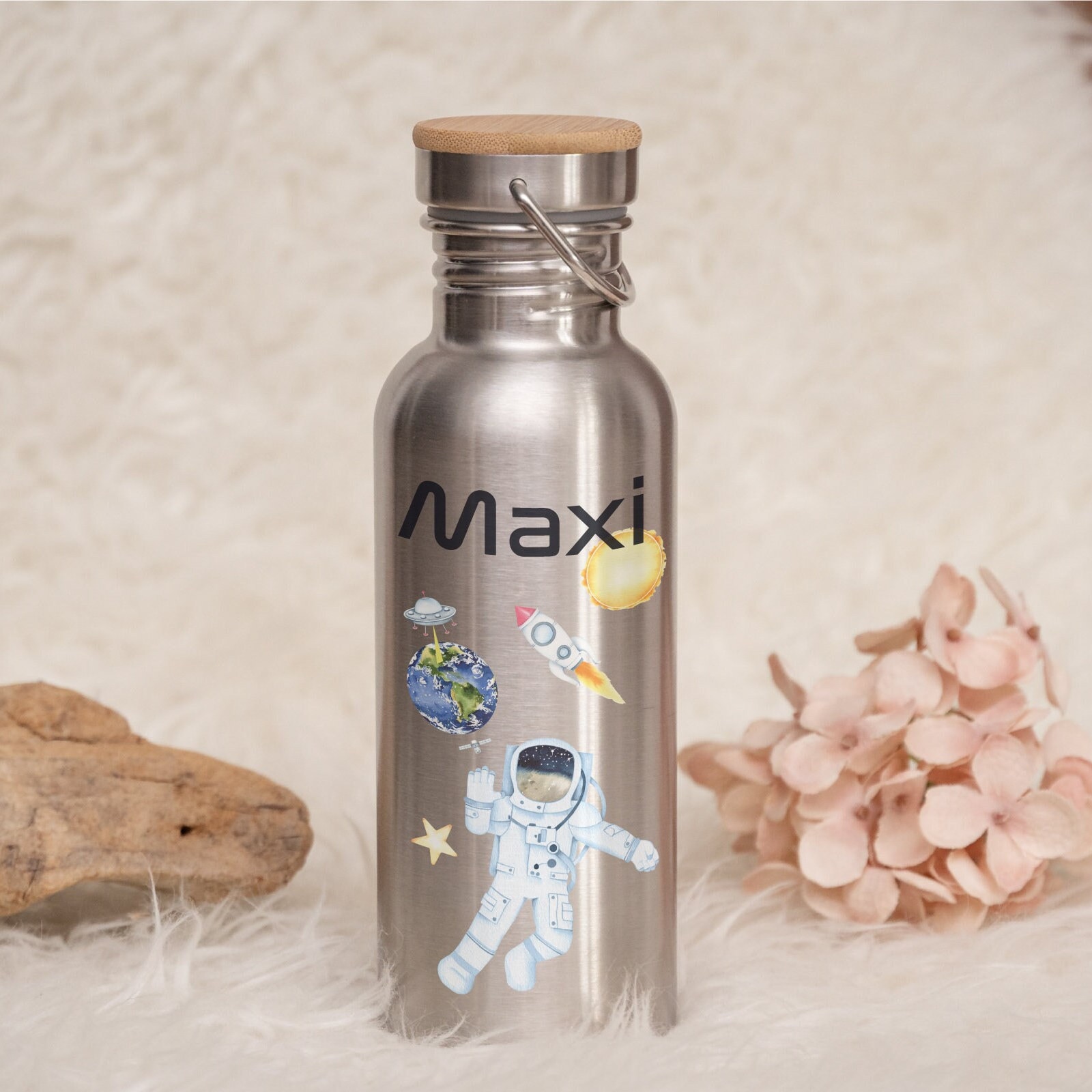 Personalized drinking bottle 'Space' universe with name for daycare school, stainless steel bottle birthday sport stainless steel gift 600 or 750ml