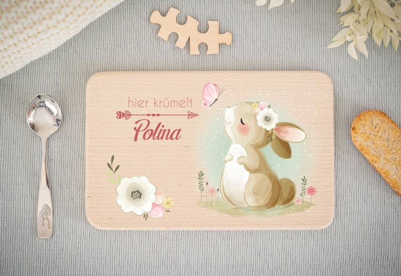 Frühstücksbrettchen personalisiert Kinder Hase Frühstücksbrett, Holzbrett personalisiert, Geschenk Geburtstag, Geschenk Weihnachten afbeelding 1