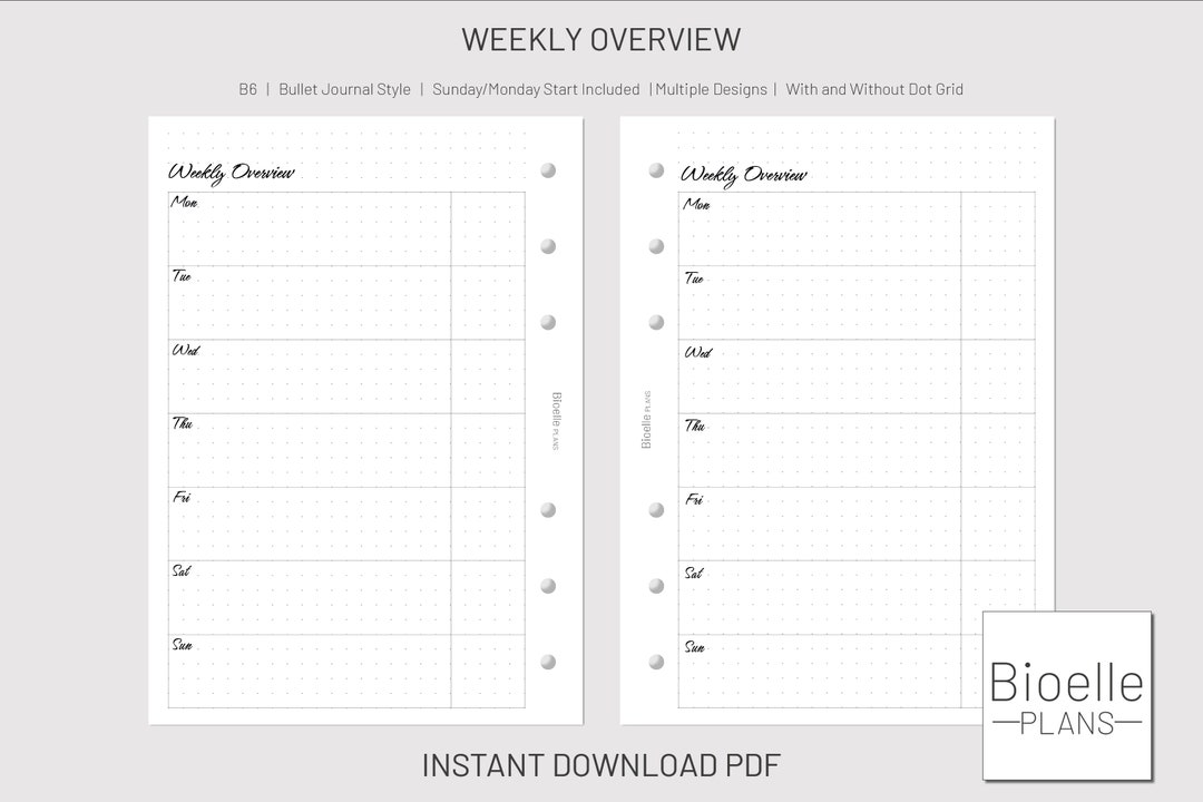 PRINTABLE B6 Week on One Page Planner Insert. Dot Grid. Bullet - Etsy