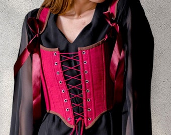 Corset en lin réversible avec laçage sur le devant, haut corset personnalisé, corsage marron et bordeaux, costume Renaissance, baleines overbust victoriennes