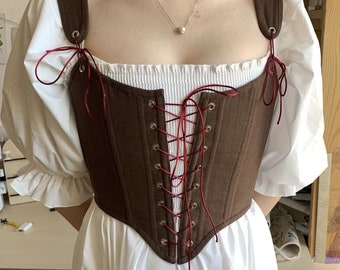 Corset en lin réversible, corset polyvalent marron et rouge, costume de faire de la Renaissance, baleines victoriennes sur buste, corsage médiéval