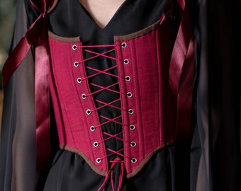 Corset en lin réversible avec laçage sur le devant, haut corset personnalisé, corsage marron et bordeaux, costume Renaissance, baleines overbust victoriennes