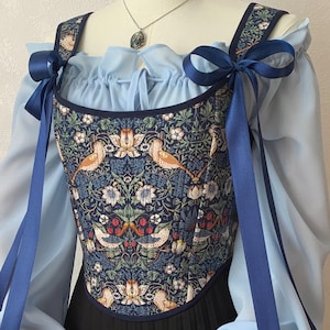 Reversible William Morris Floral Corset, Ren Faire Birds print stays, Blue Back Lacing Renaissance Corset, Cosplay Cottagecore Corset
