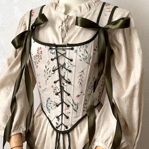 Reversible Botanical Floral beige overbust corset, green front lacing corset, Renaissance stays, Cosplay costume, Cottagecore corset bodice