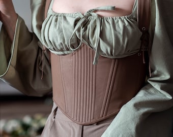 Haut corset en cuir avec bretelles amovibles, Ceinture corset en cuir faite main, Corset beige Cottagecore, Séjours Renaissance personnalisés