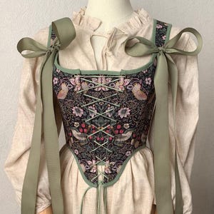 Reversible William Morris corset | Botanical floral overbust corset | Green front lacing corset top | Renn faire stays | Renaissance bodice