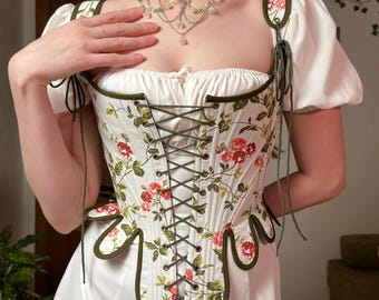 Reversible Historical 18th stays | Botanical Rose Flower Overbust Corset | Green Renn Faire stays | Double Lacing Renaissance bodice top