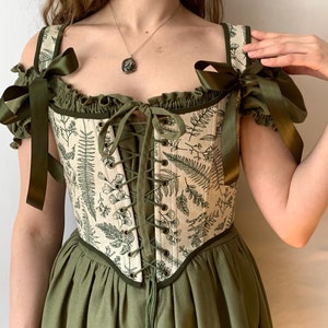 Reversible Botanical Floral print overbust corset, green front lacing corset, Renaissance stays, Cosplay costume, Cottagecore corset bodice
