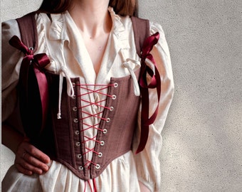 Reversibles Leinenkorsett mit Schnürung vorne, individuelles Korsettoberteil, braun-rotes Korsett, Renaissance-Faire-Kostüm, viktorianische Overbust-Stäbe