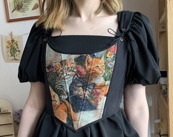 Black tapestry corset with charming cats, cute corset top, overbust stays, renaissance faire costume
