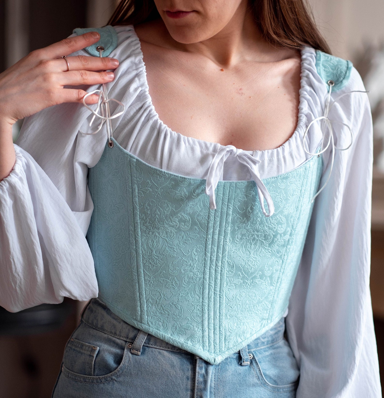 Marie Overbust Corset in Gray Corduroy - The 