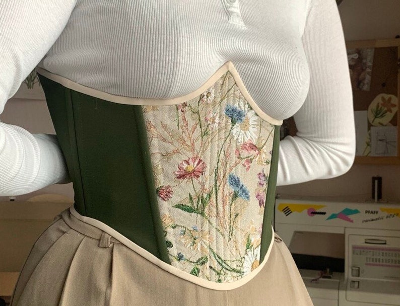 Corset réversible sous la poitrine, ceinture corset florale verte faite main, corset noir polyvalent, corset de taille personnalisée, corset médiéval grande taille image 3