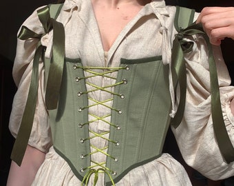 Corset réversible en lin, laçage vert sur le devant, baleines rococo Renaissance, costume cosplay, corset victorien, corset personnalisé