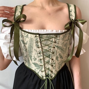 Reversible Botanical Floral print corset with panel, green front lacing corset, Renaissance stays, Cosplay costume, Cottagecore bodice