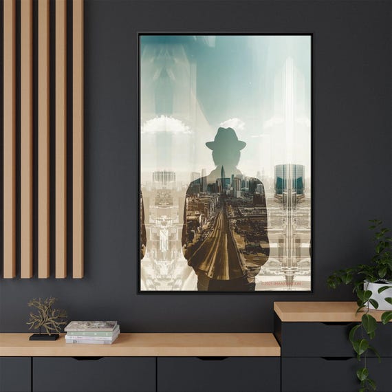 都市景観シルエット フレーム付きキャンバスアートプリント：モダンな