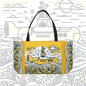 Yellow Submarine Weekender Tote Bag, Large Carryall Bag, Beatles Art Graphic, Yellow Beach Bag, Overnight Travel Tote