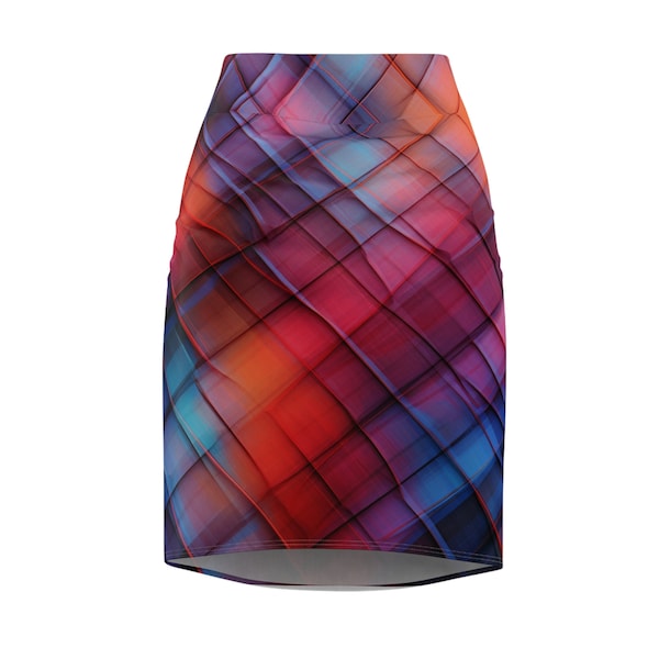Women's Pencil Skirt 3d plaid print, red, blue, purple, teal print, AOP. Sexy, date night, business wear, business casual