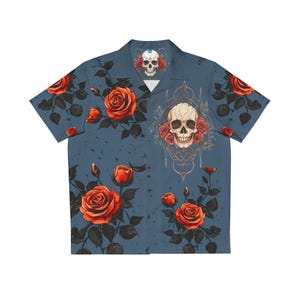 Gothic Skulls and Roses Hawaiian Shirt for Men, Unique Floral Button Up, Skeleton Print Beach Wear, Edgy Rockabilly Aloha Top,