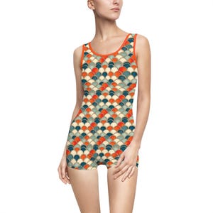 Retro Scallop Print Swimsuit, 60s Style Boyshort Bathing Suit