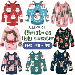 Ugly Christmas Sweater 16 pnd and pdf printable noel clip art festive digital scrapbook stickers planner and possible commercial use