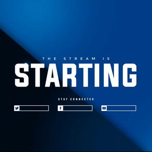 Könnte beinhalten: Digitalgrafik mit blauem und schwarzem Farbverlauf. Der weiße Text lautet "THE STREAM IS STARTING" und "STAY CONNECTED". Social-Media-Symbole und Textfelder befinden sich unten.