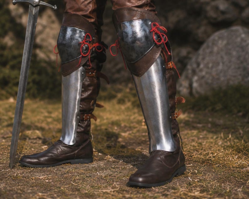 May include: Dark brown leather boots featuring polished steel greaves and knee plates. The metal armour components are secured to the footwear with brown leather straps and buckles, while the knee sections are fastened with bright red cord lacing.