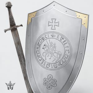 May include: A medieval sword and shield set. The shield is silver with a gold trim and a cross emblem. The shield also features a circular emblem with a knight on horseback. The sword is silver with a detailed hilt.