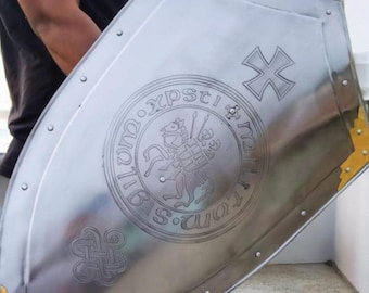 Templar Crusader Knight Shield – Handmade Medieval Steel Shield with Cross Seal – LARP, Cosplay & Wall Decor"