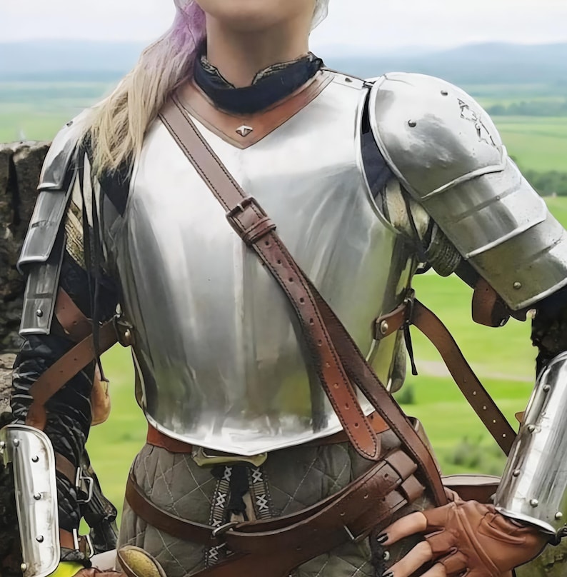 May include: Polished silver breastplate and shoulder armour with brown leather straps. The armour is worn over a black and grey outfit. The background shows a green field and a stone wall.