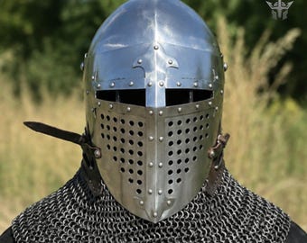 Medieval Roa Bascinet Helmet, Steel Knight Helmet With Visor And Chainmail, LARP Armor, Medieval Knight Helm, Reenactment Costume