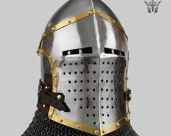 Medieval Bascinet Helmet With Chainmail Aventail | Crusader Knight Helmet | Wearable Steel Armor Helmet | Larp Cosplay Helmet