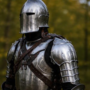 May include: A polished steel suit of armour featuring a closed helmet with a cross-shaped visor, articulated shoulder pauldrons, and a breastplate secured by brown leather straps with metal buckles over a dark, quilted undergarment.