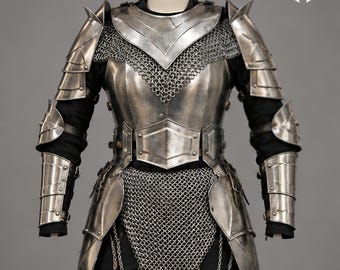 Women's Medieval Steel Armor Set, Chainmail Skirt, Cuirass, Pauldrons & Bracers, Lady Knight LARP Cosplay Costume