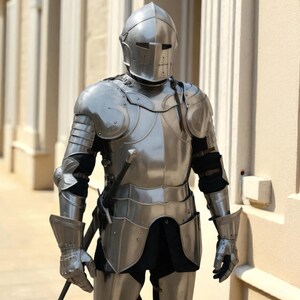 May include: A full suit of polished silver-colored metal plate armor featuring a closed helmet with a horizontal visor slit, articulated shoulder pauldrons, gauntlets, and a breastplate. A sword hilt is visible at the waist of the armor.