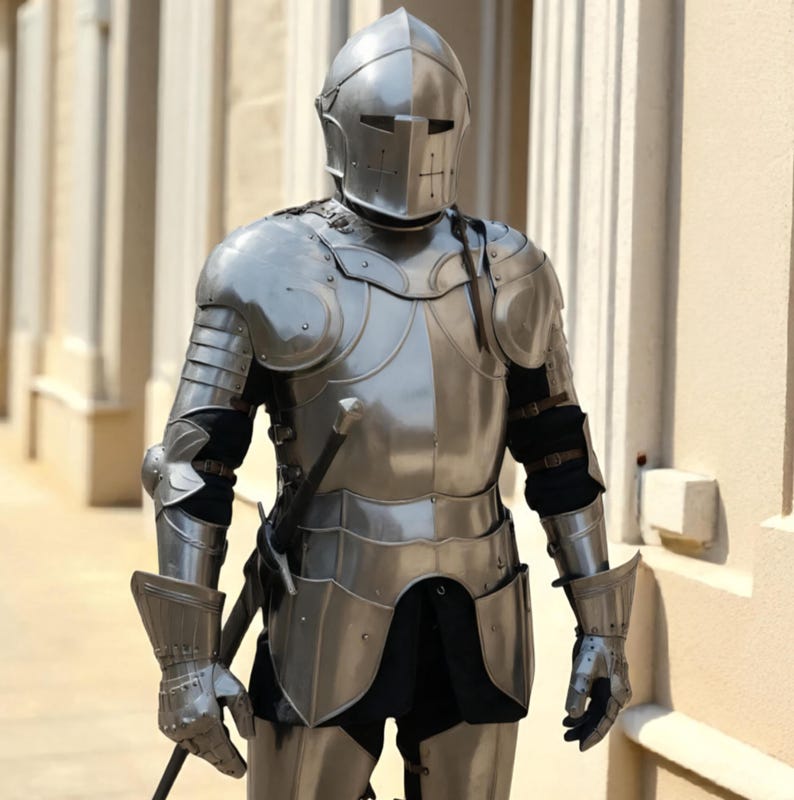 May include: A full suit of polished silver-colored metal plate armor featuring a closed helmet with a horizontal visor slit, articulated shoulder pauldrons, gauntlets, and a breastplate. A sword hilt is visible at the waist of the armor.