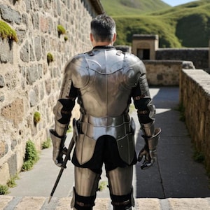 May include: A suit of polished steel plate armor worn from the back, featuring a breastplate, pauldrons, gauntlets, and greaves secured with brown leather straps over a black garment, with a long thin sword held in the right hand.