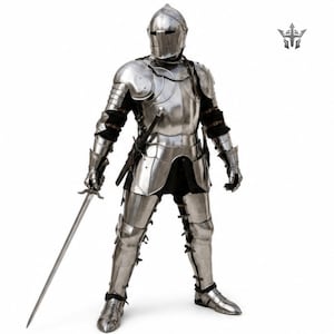 May include: A full suit of polished steel plate armor featuring a closed helmet, articulated pauldrons, gauntlets, and greaves. The armor includes a breastplate, tassets, and a longsword held in the right hand, with black fabric visible underneath.