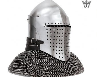 Elmo medievale a bacinetto in maglia di ferro / Elmo da cavaliere con visiera in acciaio per LARP, SCA, Cosplay / Armatura da crociato Aventail