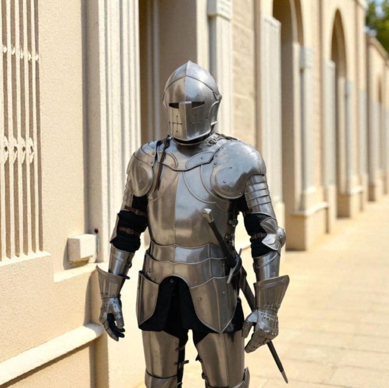 May include: A full suit of polished silver-colored metal armor featuring a closed helmet with a horizontal visor slit, articulated shoulder pauldrons, gauntlets, and a breastplate. A long sword hilt is visible at the waist of the suit.