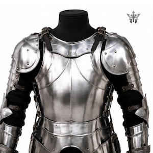 May include: A polished steel suit of armor featuring a breastplate, pauldrons, and articulated arm guards. The metal plates are secured with dark brown leather straps and metal buckles over a black garment. A small silver logo is in the top right.