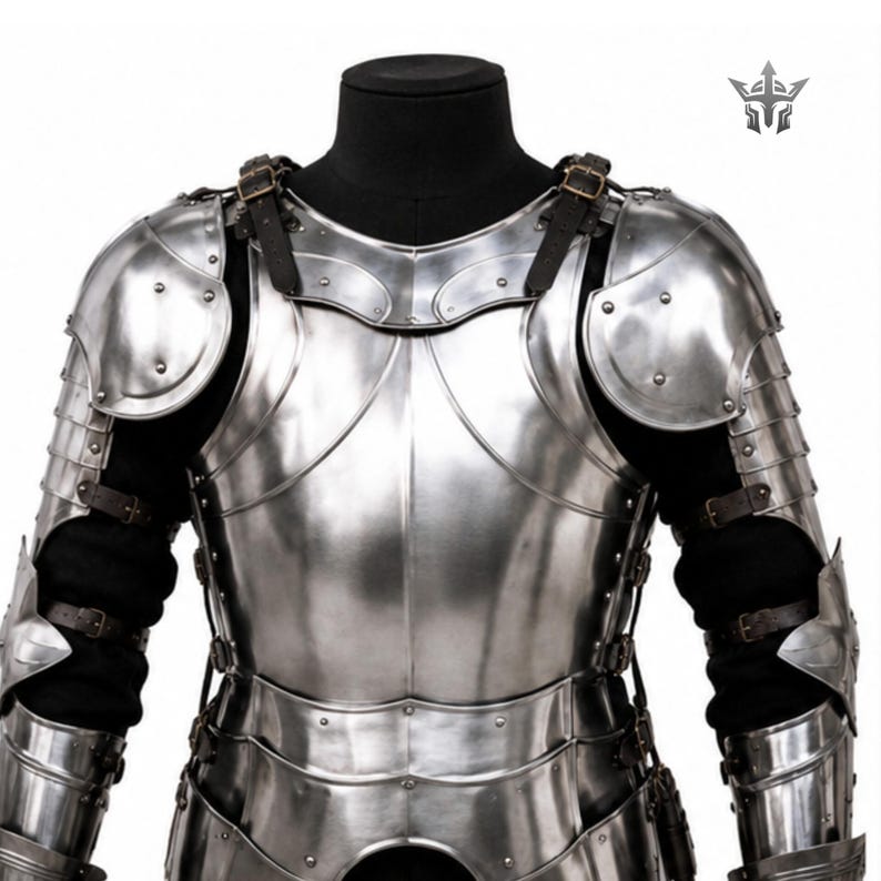 May include: A polished steel suit of armor featuring a breastplate, pauldrons, and articulated arm guards. The metal plates are secured with dark brown leather straps and metal buckles over a black garment. A small silver logo is in the top right.