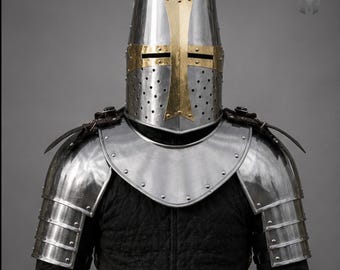 Templar Crusader Helmet, Medieval Great Helm, Steel Knight Helmet, Gothic Armor, LARP Cosplay Helmet