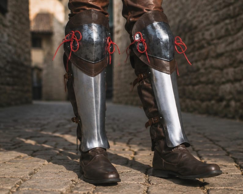 May include: A pair of metal greaves and knee armour worn over brown leather boots and trousers. The silver-toned steel leg guards feature polished surfaces and are secured with bright red laces at the knees and brown leather straps along the calves.