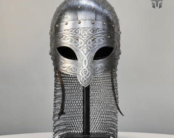 Viking Gjermundbu Helmet, Authentic Norse Warrior Helmet, Medieval Steel Battle Helm, Chainmail LARP Helmet, Viking Reenactment Armor
