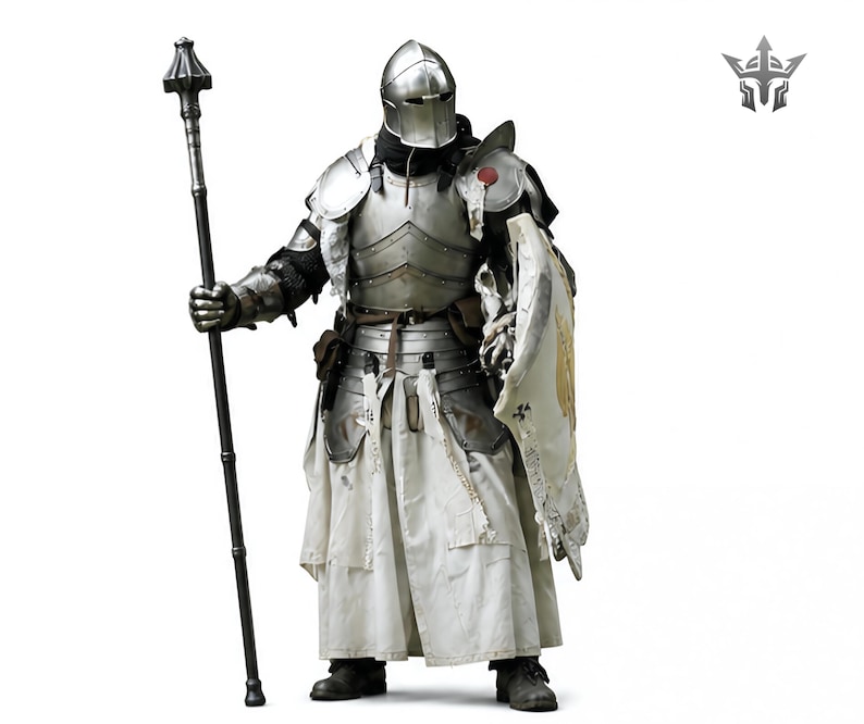 May include: A full suit of medieval armor, including a helmet, chest plate, and leg protection. The armor is silver-colored with black accents and is worn over a white tunic. The knight holds a long staff and a shield with a gold emblem.