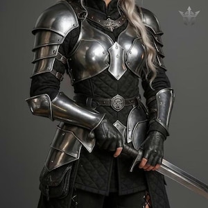 May include: A suit of polished steel plate armor featuring articulated pauldrons, a breastplate with a central vertical ridge, and matching vambraces. The armor is worn over a black quilted doublet with a belt and black leather fingerless gloves.