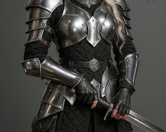 Conjunto de Armadura Feminina de Aço para Cavaleira | Peitoral, Ombreiras, Protetores de Braço | Fantasia para Cosplay LARP