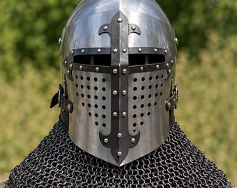 LARP Guardian Helmet, Blackened Cross Bascinet Helmet, Medieval Knight Helmet With Chainmail, Steel Battle Helm