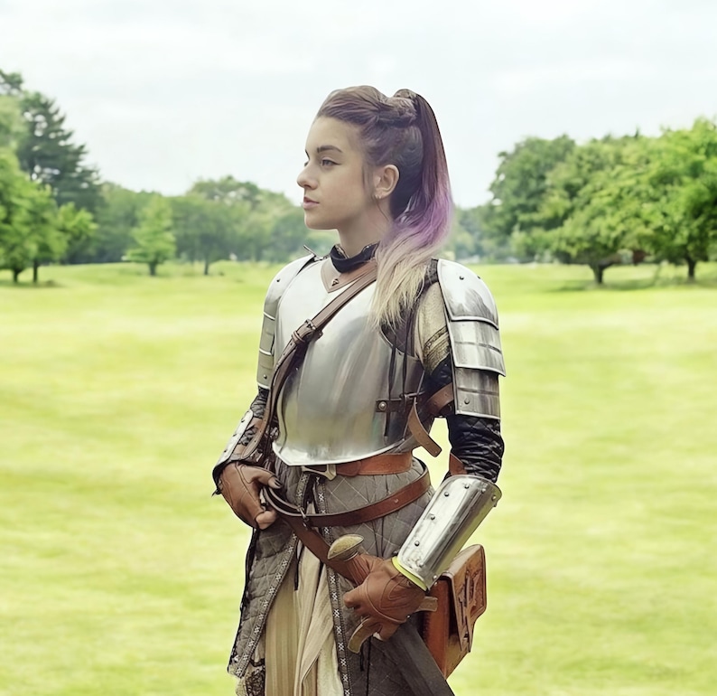 May include: A person wearing silver armour, brown leather gloves, and holding a sword. The armour covers the chest, shoulders, and arms. The person is standing in a grassy field with trees in the background.