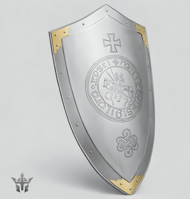 May include: A silver shield with a gold trim and rivets. The shield features a cross at the top and a circular emblem with a knight on horseback. A decorative knot design is at the bottom.